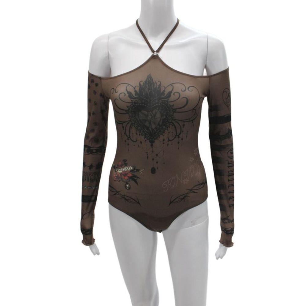 Jean Paul Gaultier Womens One Piece Mesh Floral Halter Long Sleeve Brown Size M